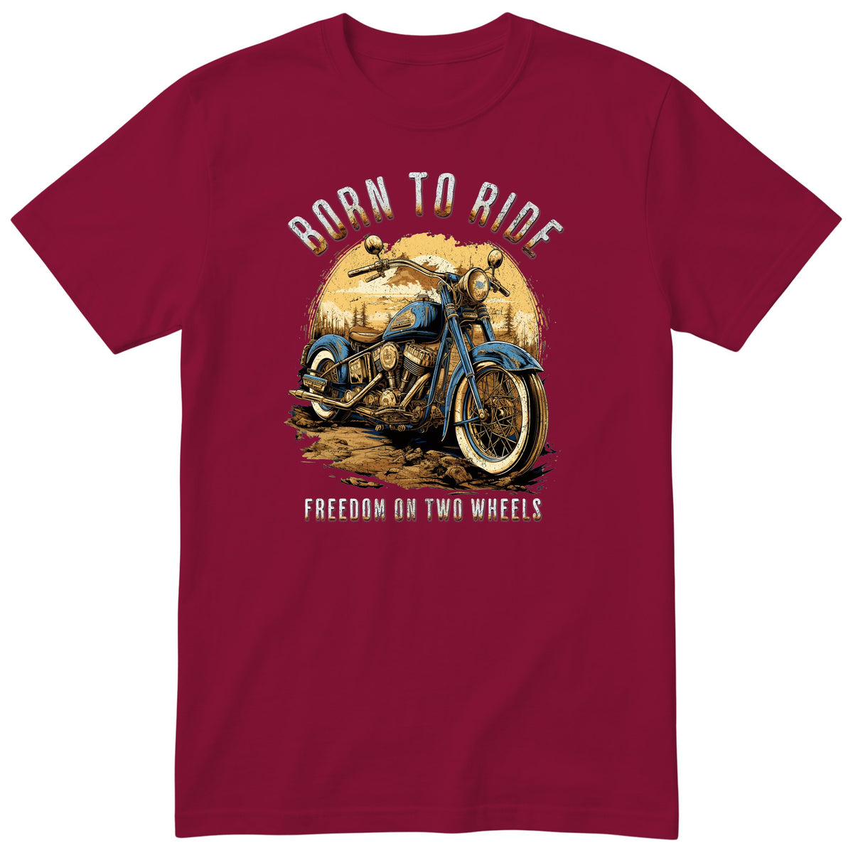 Burgundy Born to Ride motorcycle t-shirt - blue vintage motorcycle on a dirt track with a forest sunset behind, gift for a biker