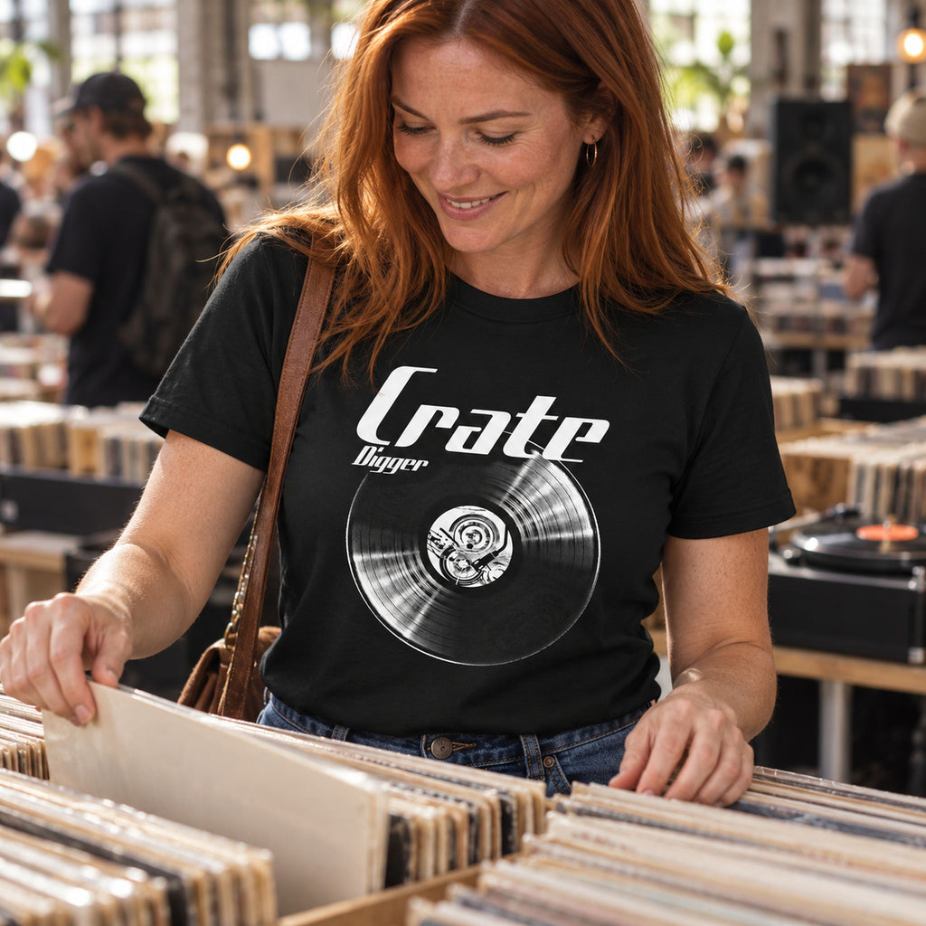 Crate Digger Vinyl Records t-shirt in black - woman flipping through records in a sunny record shop, gift for vinyl collectors