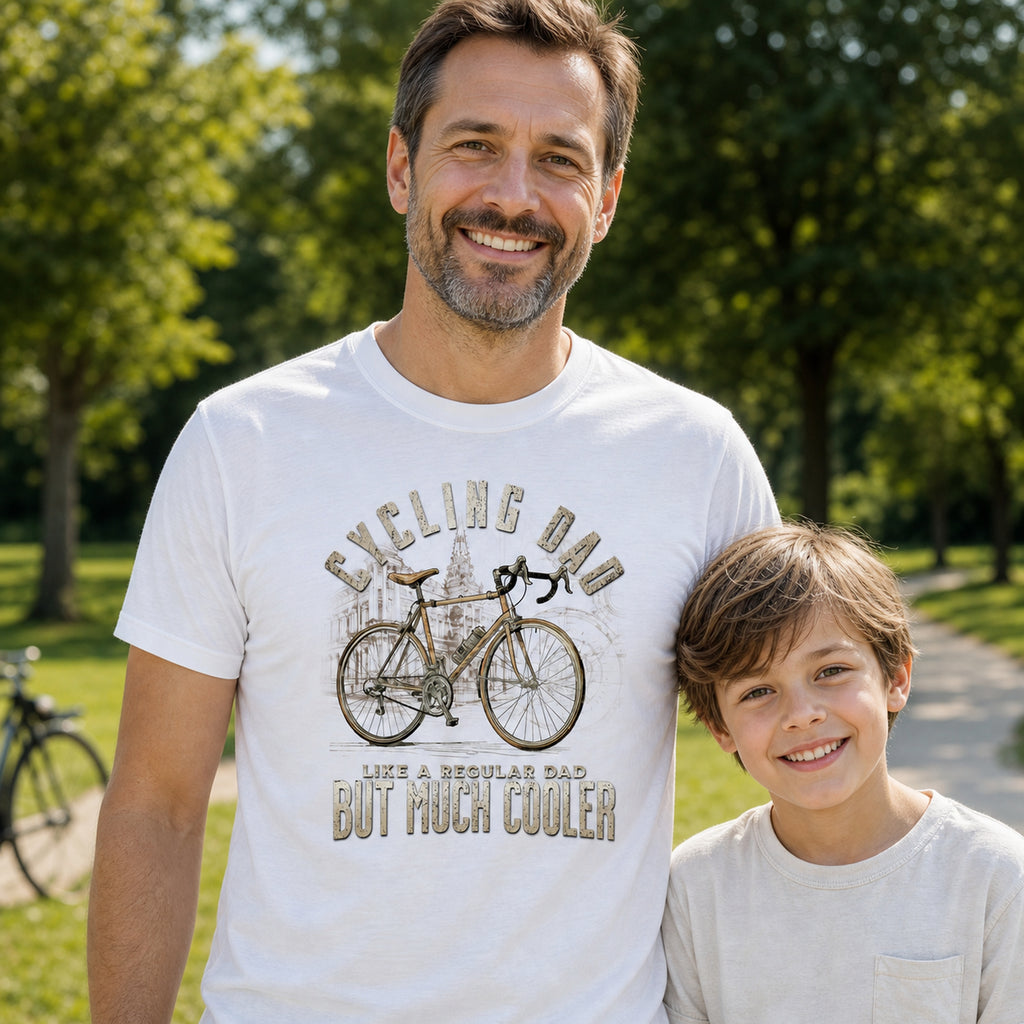 Cycling Dad Road Bike t-shirt in white - dad and son in a sunny park, gift for dad