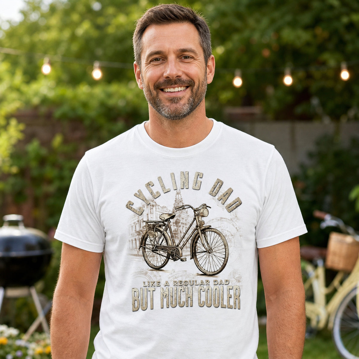Cycling Dad Vintage Bike t-shirt in white - dad in the garden with vintage bicycles, gift for dad