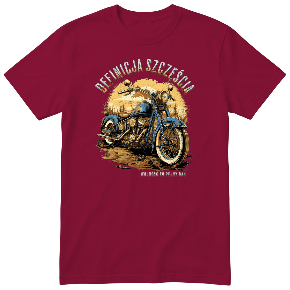 Bordowa koszulka motocyklowa „Definicja Szczęścia” - niebieski motocykl vintage na polnej drodze w złotym zachodzie słońca, polski nadruk