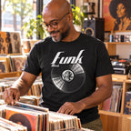 Funk Music Vinyl Records t-shirt in black - man browsing record bins in a record shop, gift for funk fans