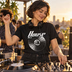 House Music Vinyl Records t-shirt in black - woman with headphones round her neck playing records at a rooftop party at sunset, gift for DJs and house music fans