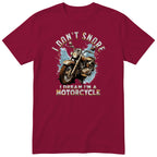Burgundy I Don't Snore I Dream I'm a Motorcycle motorcycle t-shirt - rusty vintage motorcycle on a blue paint splash with drips, gift for a biker