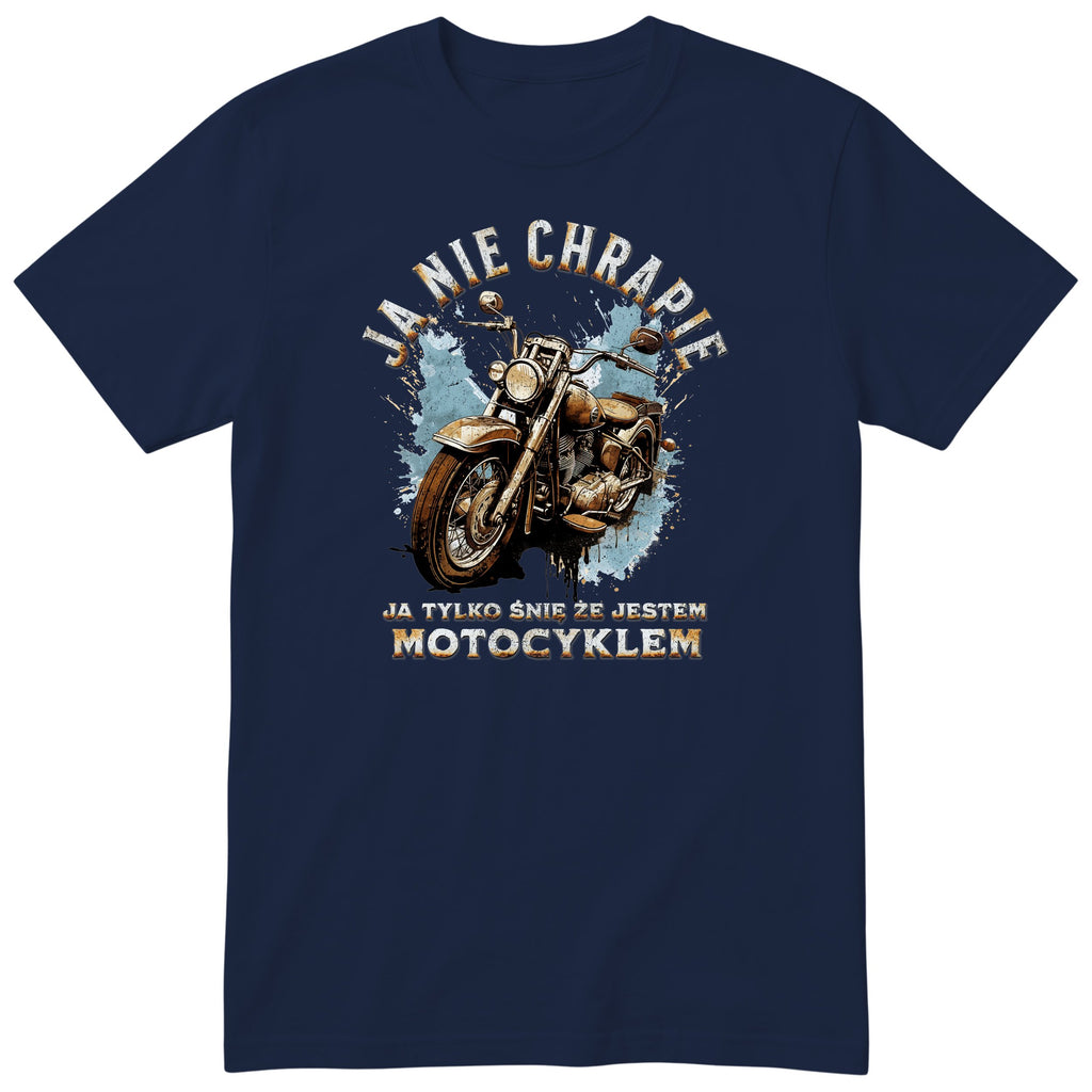 Granatowa koszulka motocyklowa „Ja Nie Chrapię” - rdzawy motocykl vintage na błękitnej plamie z zaciekami, złote litery, polski nadruk