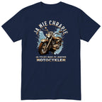 Granatowa koszulka motocyklowa „Ja Nie Chrapię” - rdzawy motocykl vintage na błękitnej plamie z zaciekami, złote litery, polski nadruk