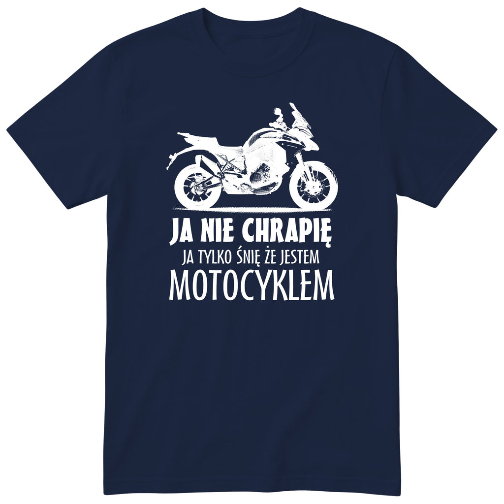 Granatowa koszulka motocyklowa „Ja Nie Chrapię” - prezent dla motocyklisty, polski nadruk