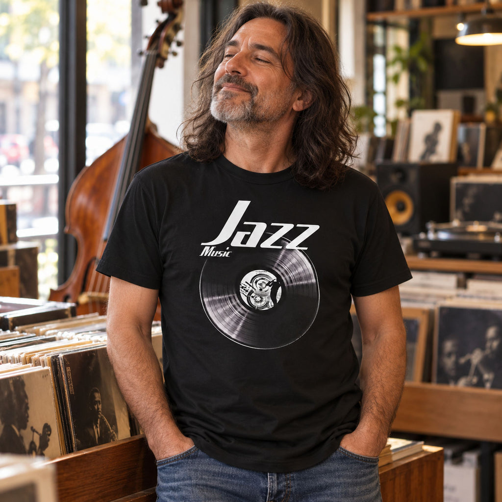 Jazz Music Vinyl Records t-shirt in black - man in a record shop next to a double bass, gift for jazz lovers