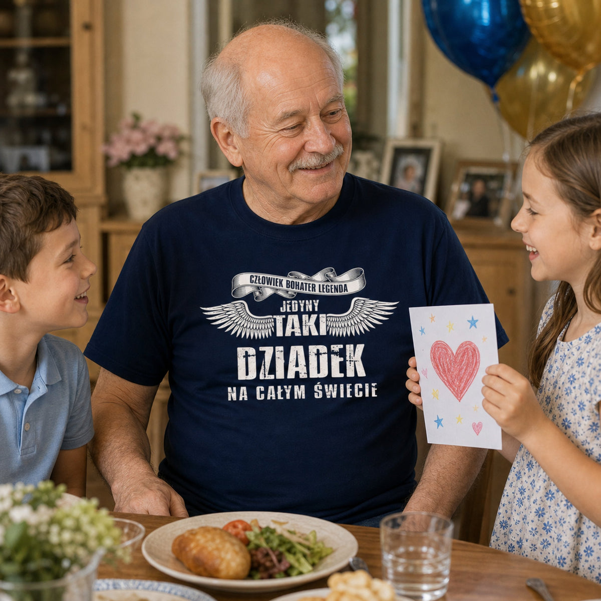 Koszulka Jedyny Taki Dziadek w kolorze granatowym - dziadek dostaje laurkę od wnuków przy stole, prezent dla dziadka