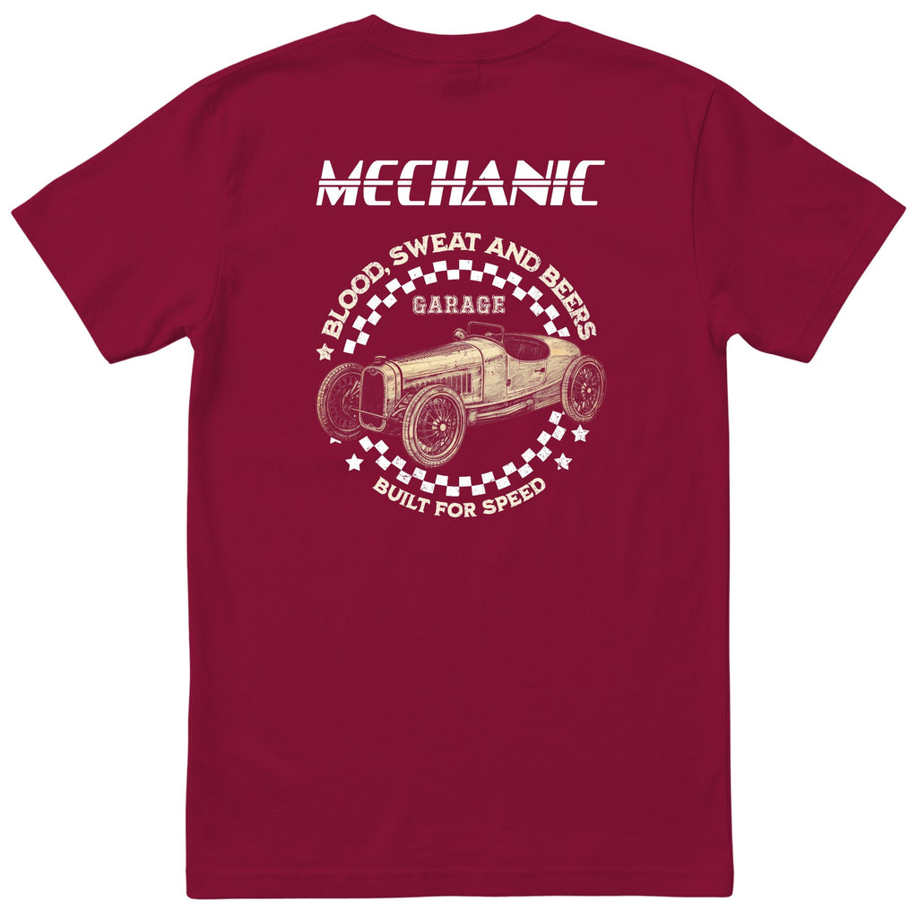 Mechanic Blood Sweat and Beers Garage tee burgundy back