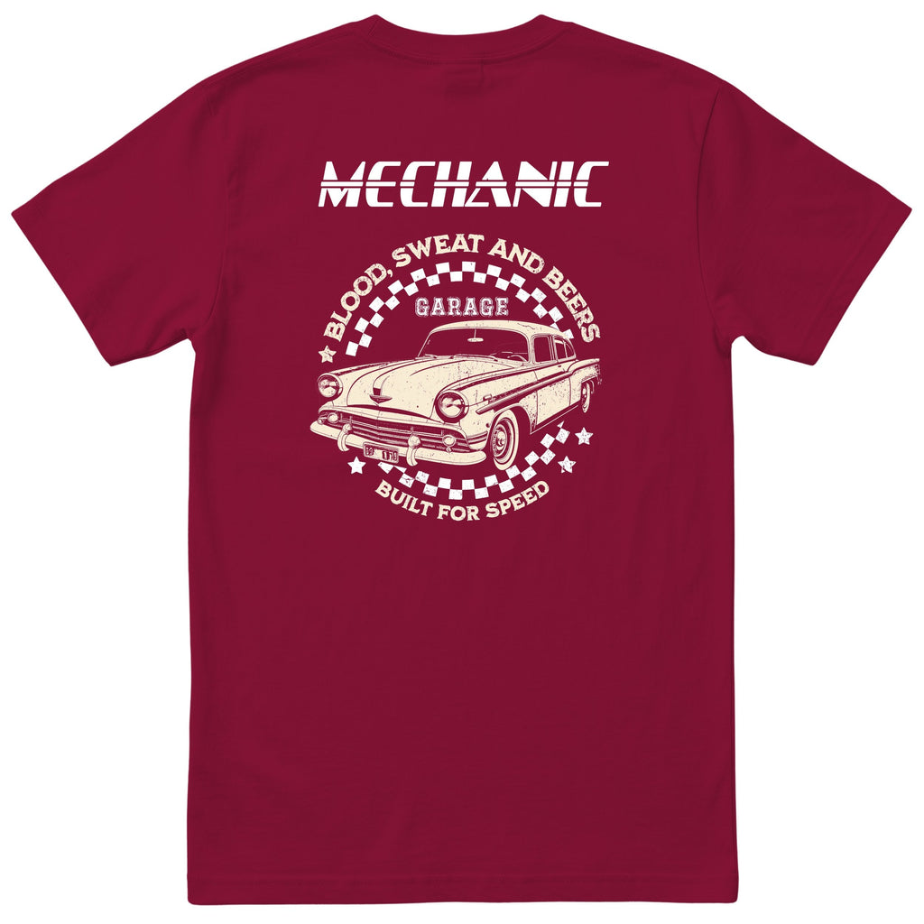 Mechanic Built for Speed garage tee burgundy back