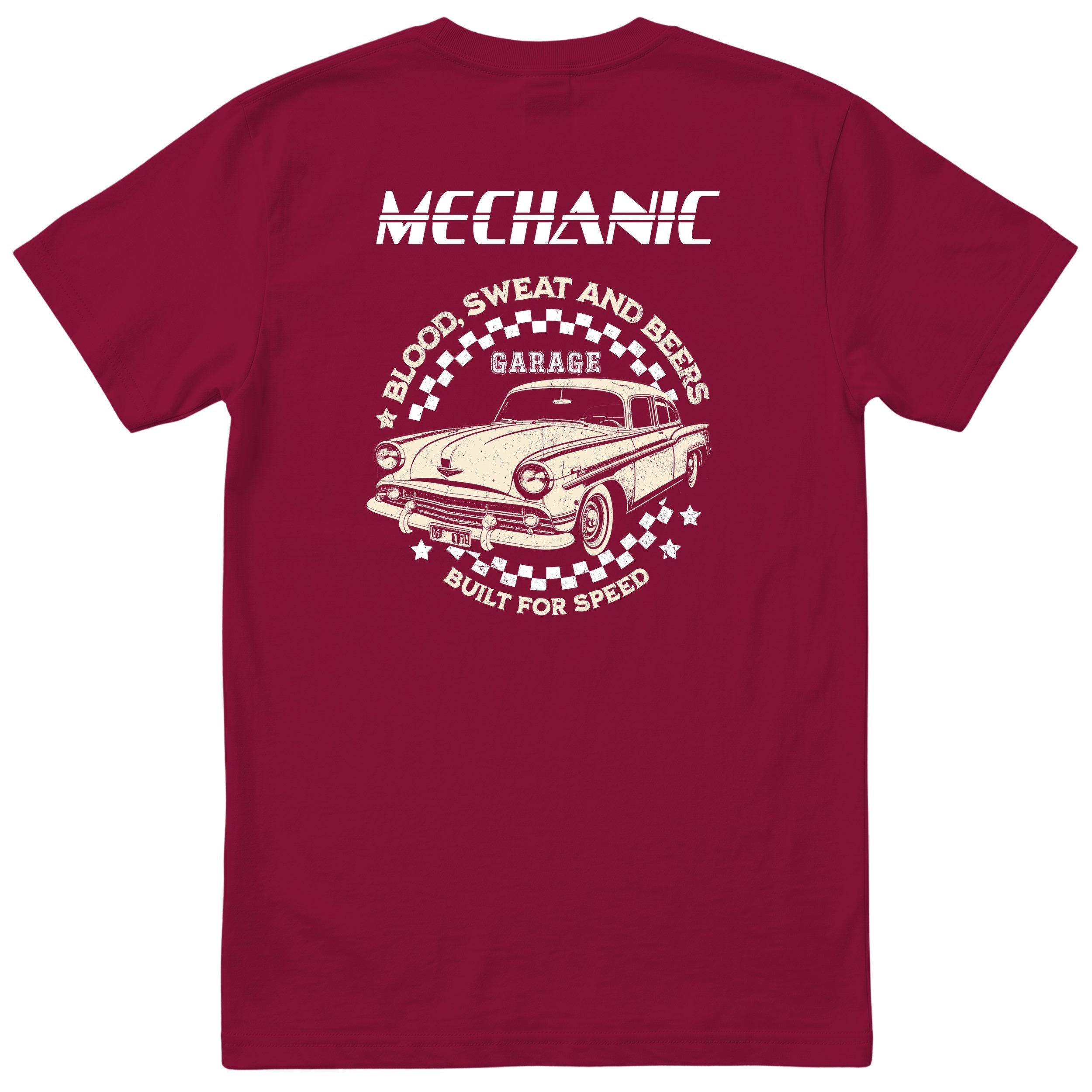 Mechanic Built for Speed garage tee burgundy back