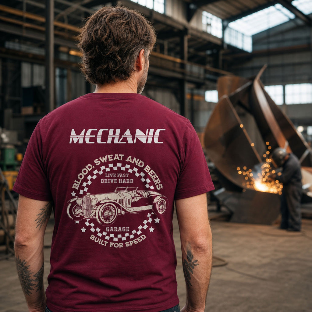 Koszulka Mechanik - Nadruk na Plecach, Live Fast Drive Hard