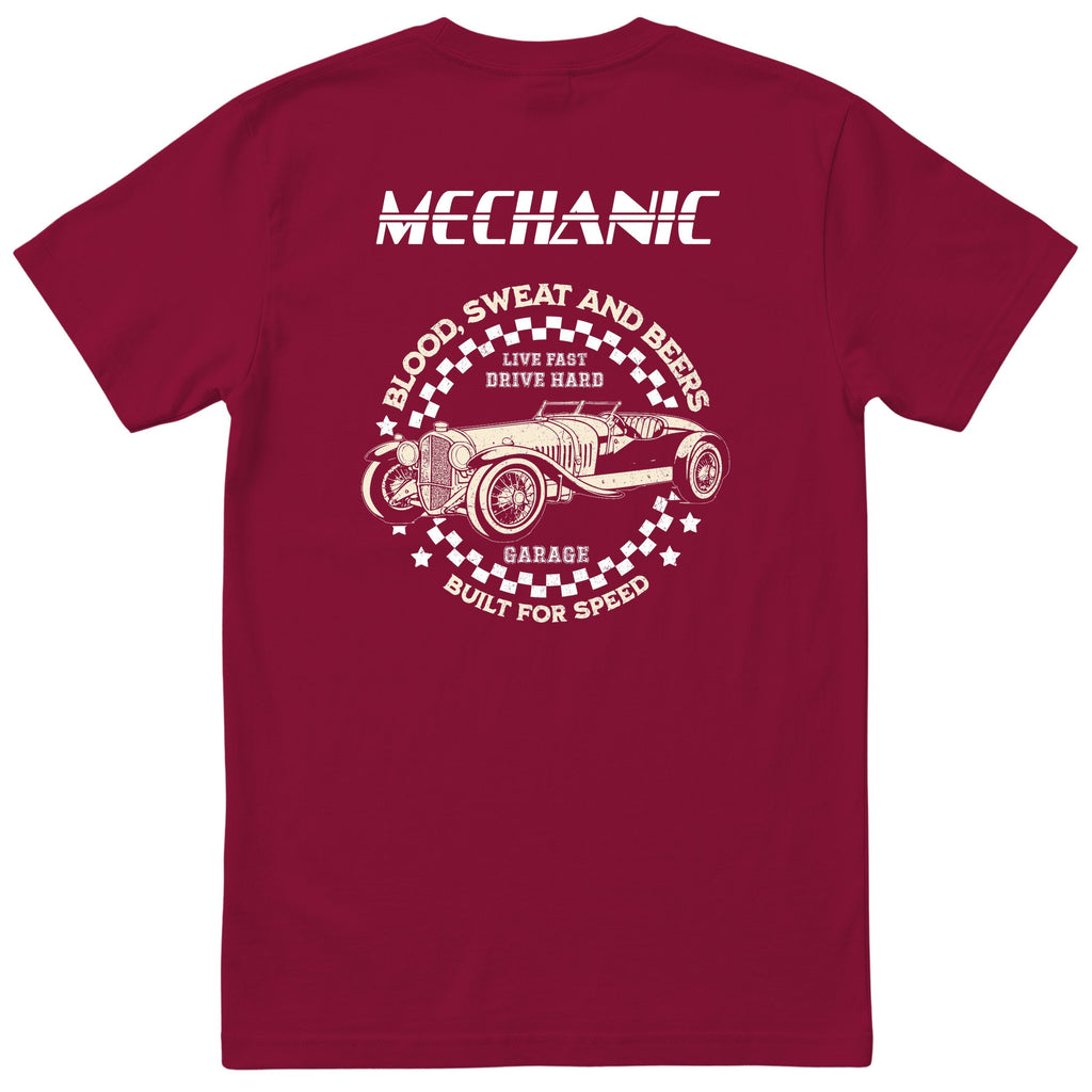 Mechanic Live Fast Drive Hard tee burgundy back