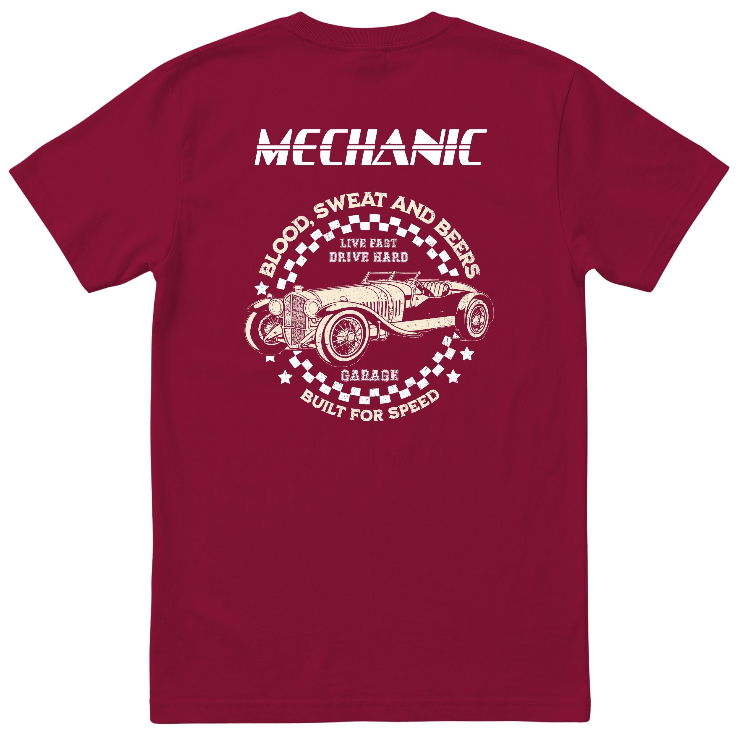 Mechanic Live Fast Drive Hard tee burgundy back