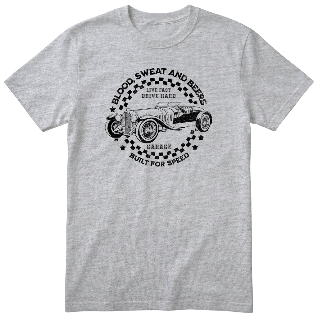 Live Fast Drive Hard garage tee heather grey front