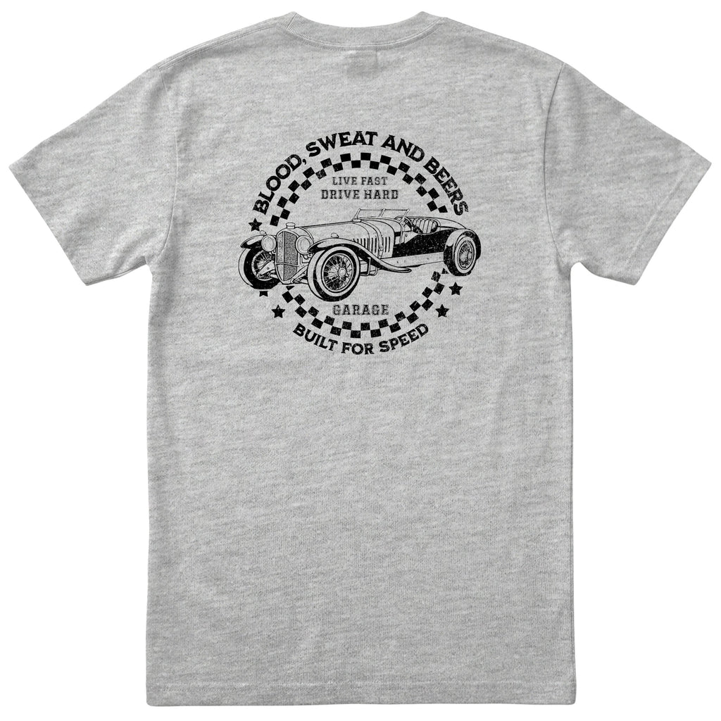 Live Fast Drive Hard garage tee heather grey back