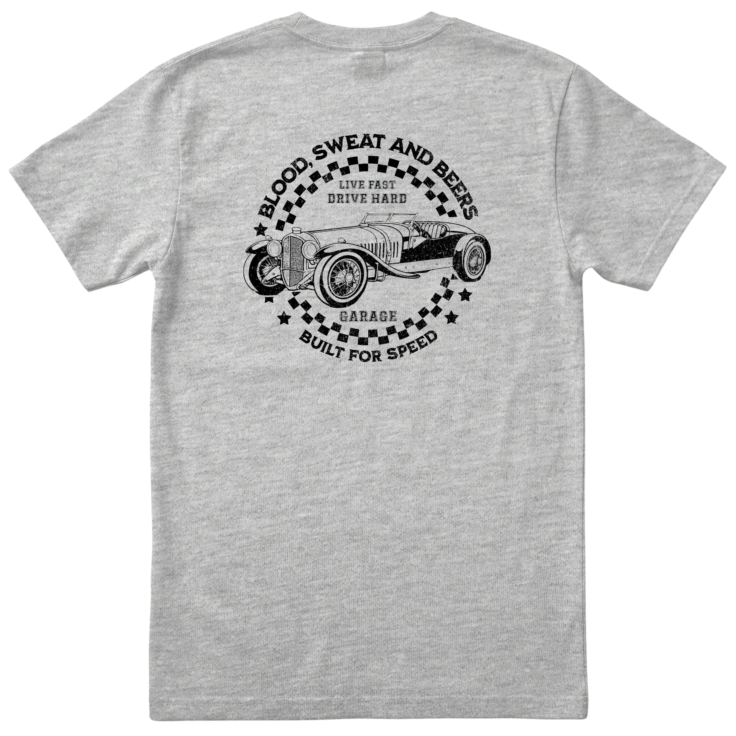 Live Fast Drive Hard garage tee heather grey back