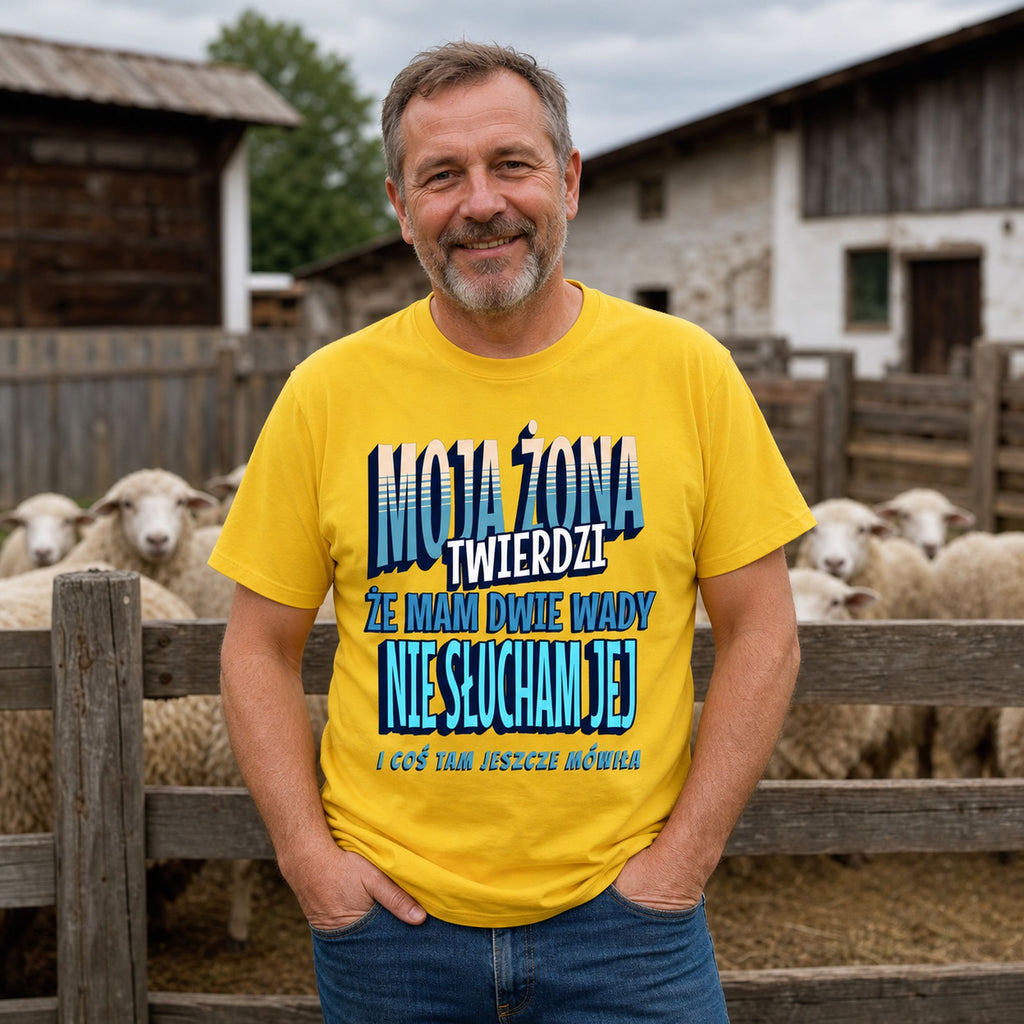 Moja Żona Twierdzi, że Mam Dwie Wady - Kolorowa Koszulka Niebieski Nadruk