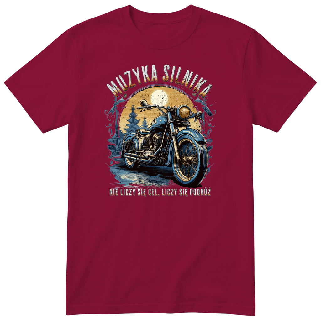 Bordowa koszulka motocyklowa „Muzyka Silnika” - niebieski motocykl vintage na leśnej drodze pod pełnią księżyca, polski nadruk