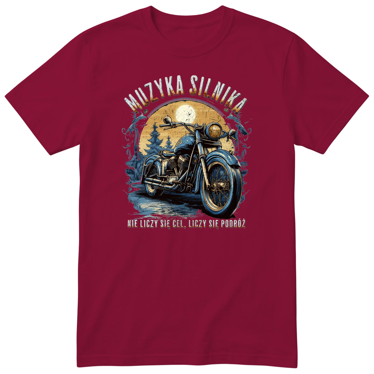 Bordowa koszulka motocyklowa „Muzyka Silnika” - niebieski motocykl vintage na leśnej drodze pod pełnią księżyca, polski nadruk