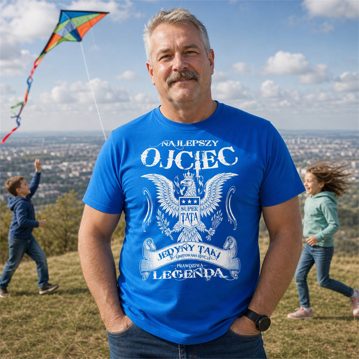 Koszulka Najlepszy Ojciec Super Tata w kolorze niebieskim - tata na wzgórzu, dzieci puszczają latawiec, prezent dla taty