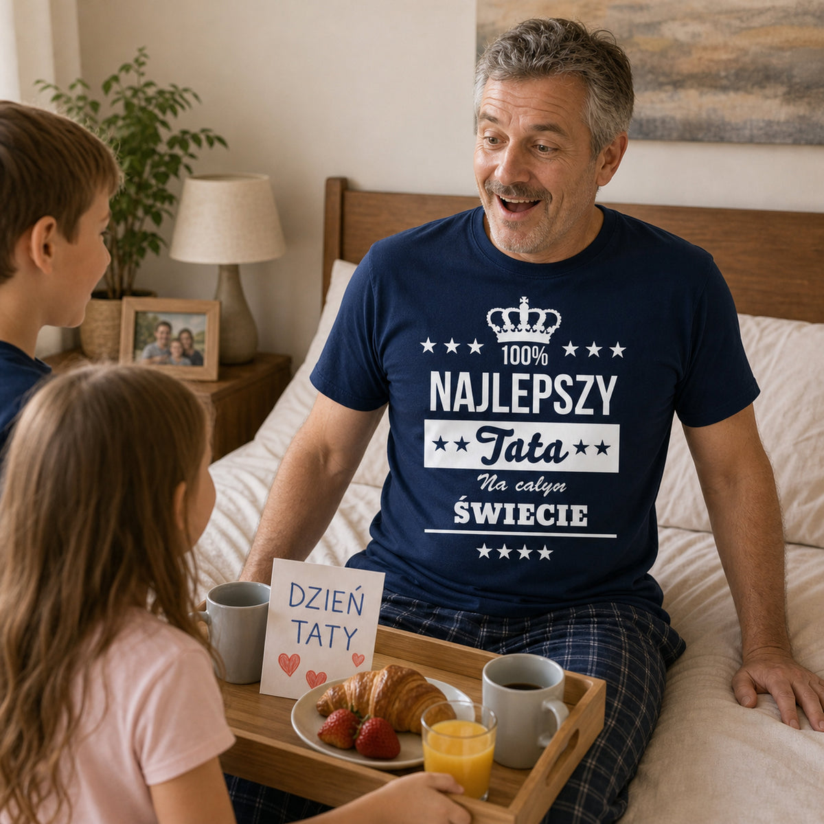 Koszulka Najlepszy Tata na Świecie w kolorze granatowym - tata dostaje śniadanie do łóżka od dzieci, prezent dla taty