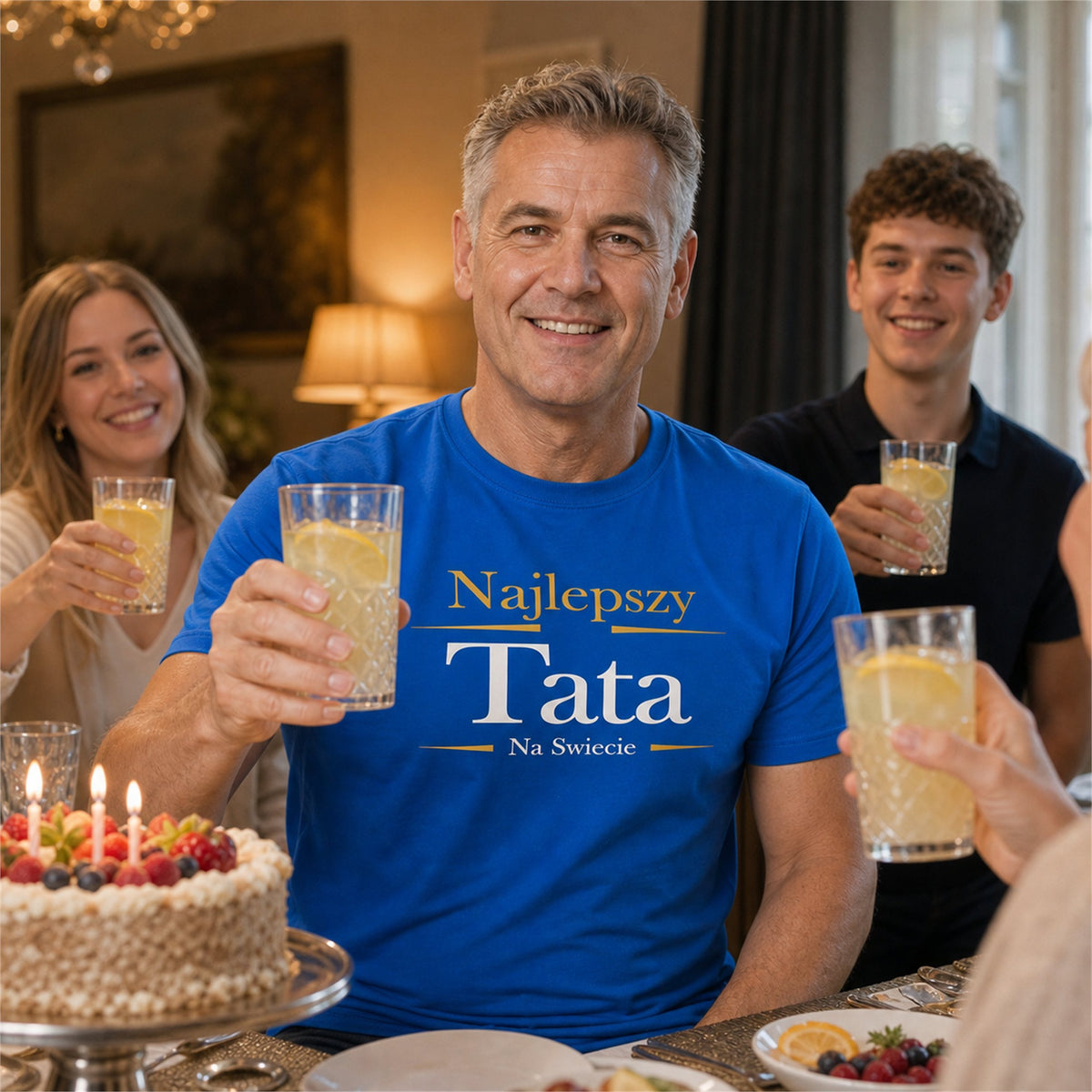 Koszulka Najlepszy Tata Exclusive w kolorze niebieskim - tata wznosi toast z rodziną przy torcie urodzinowym, prezent dla taty
