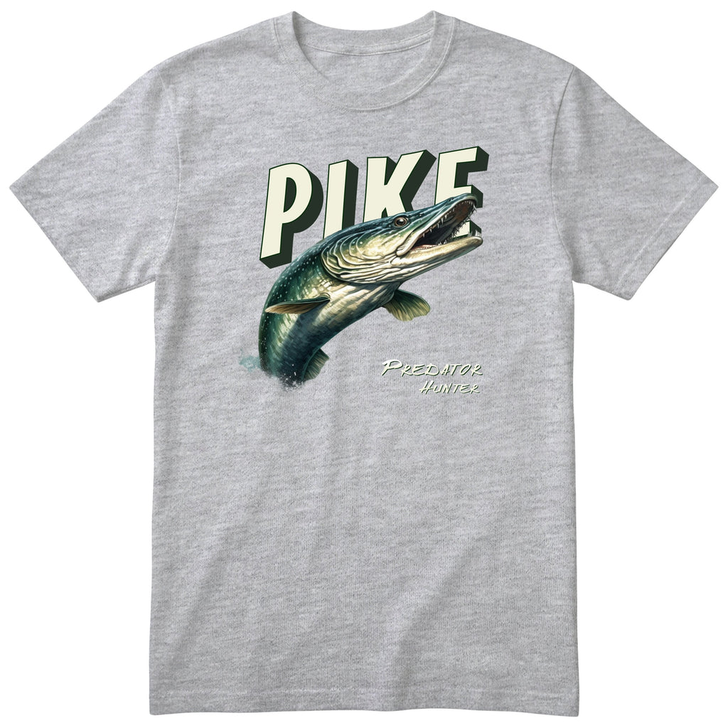 Pike Predator Hunter T-Shirt | Fishing Gift for Him Angler Tee - Heather Grey