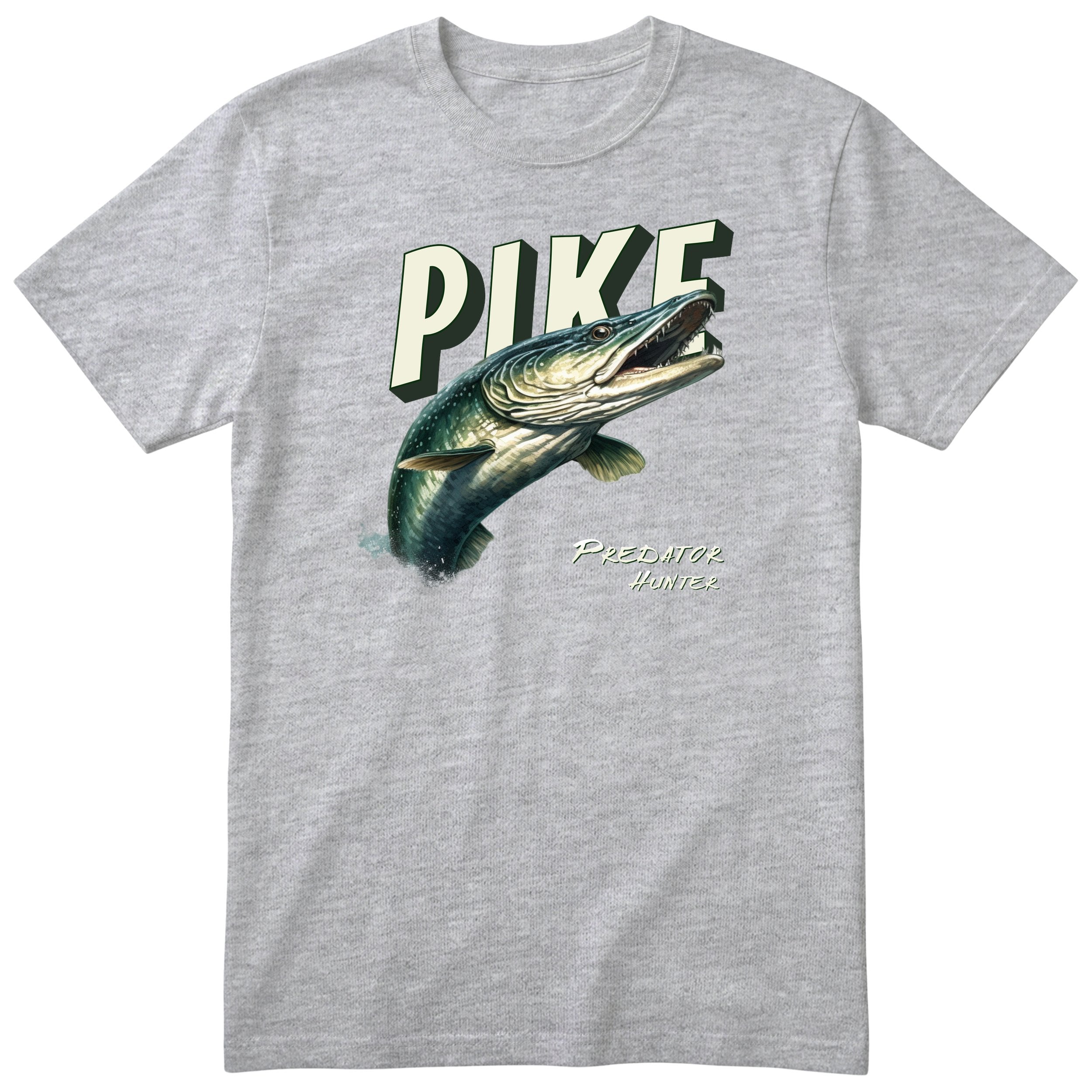 Pike Predator Hunter T-Shirt | Fishing Gift for Him Angler Tee - Heather Grey