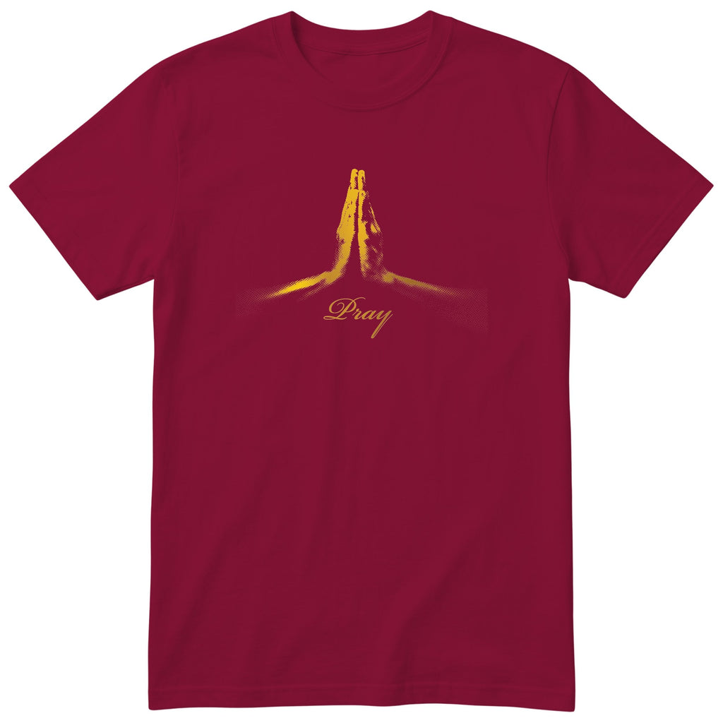 Pray T-Shirt | Gold Prayer Hands Faith Tee | Christian Gift - Burgundy