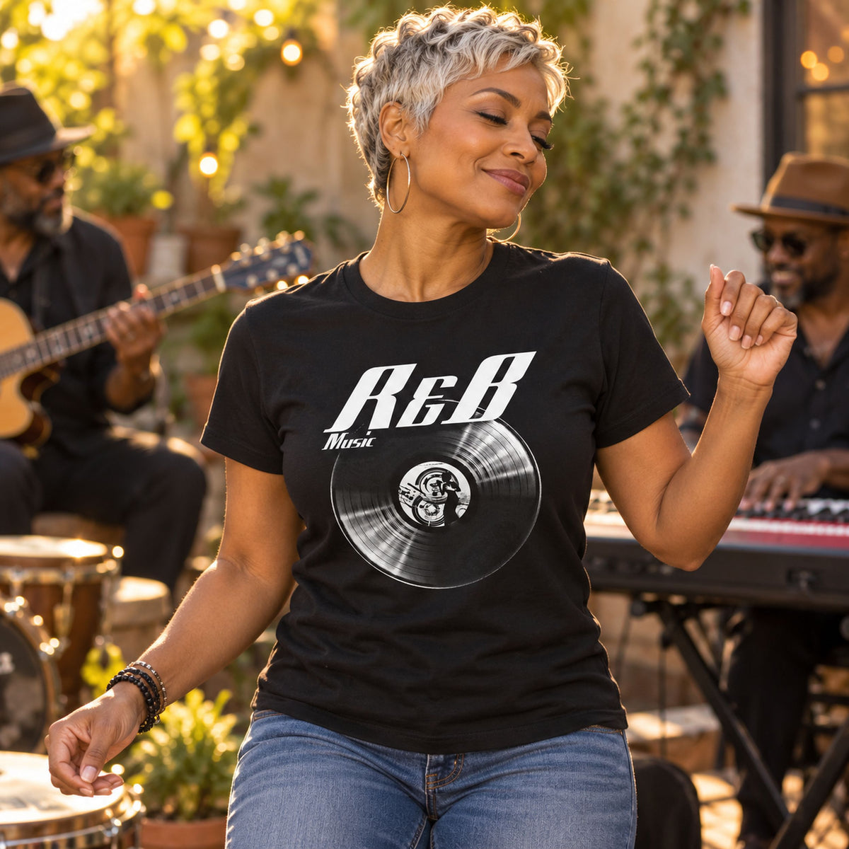 R&B Music Vinyl Records t-shirt in black - woman dancing at an outdoor garden gig with a live band, gift for R&B fans
