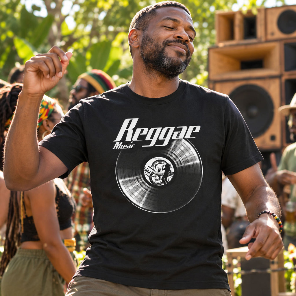 Reggae Music Vinyl Records t-shirt in black - man dancing at an outdoor sound system party in the sun, gift for reggae fans