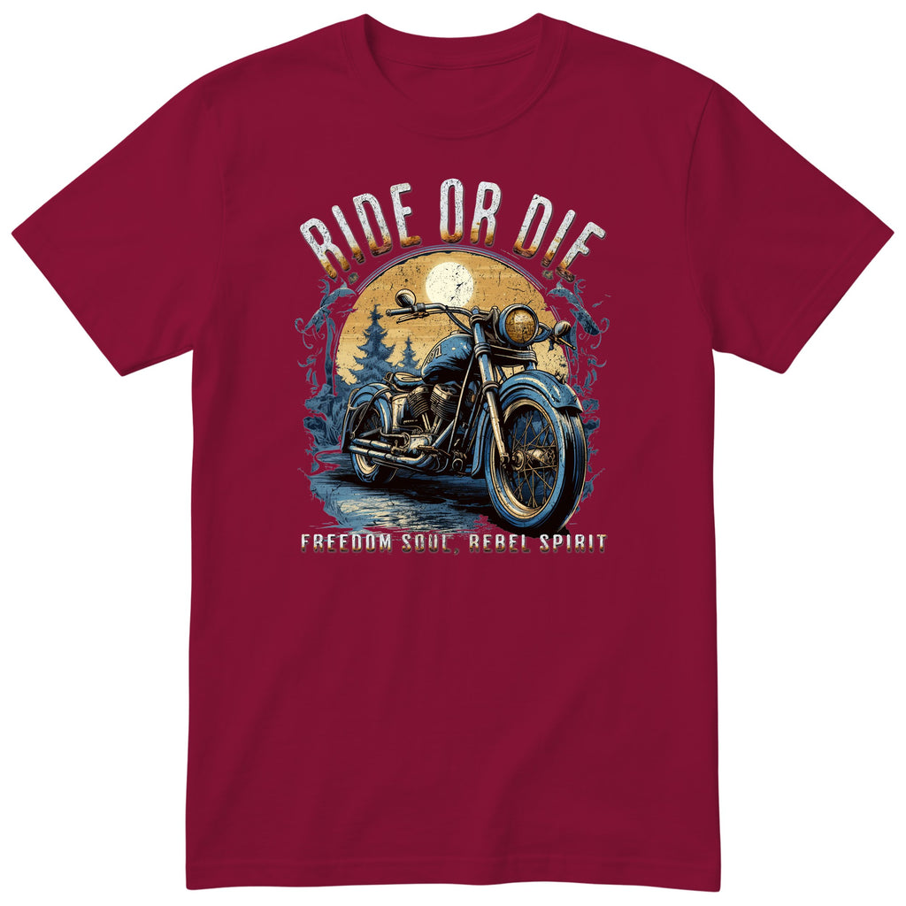 Burgundy Ride or Die motorcycle t-shirt - blue vintage motorcycle on a wet forest road under a full moon, gift for a biker