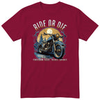 Burgundy Ride or Die motorcycle t-shirt - blue vintage motorcycle on a wet forest road under a full moon, gift for a biker