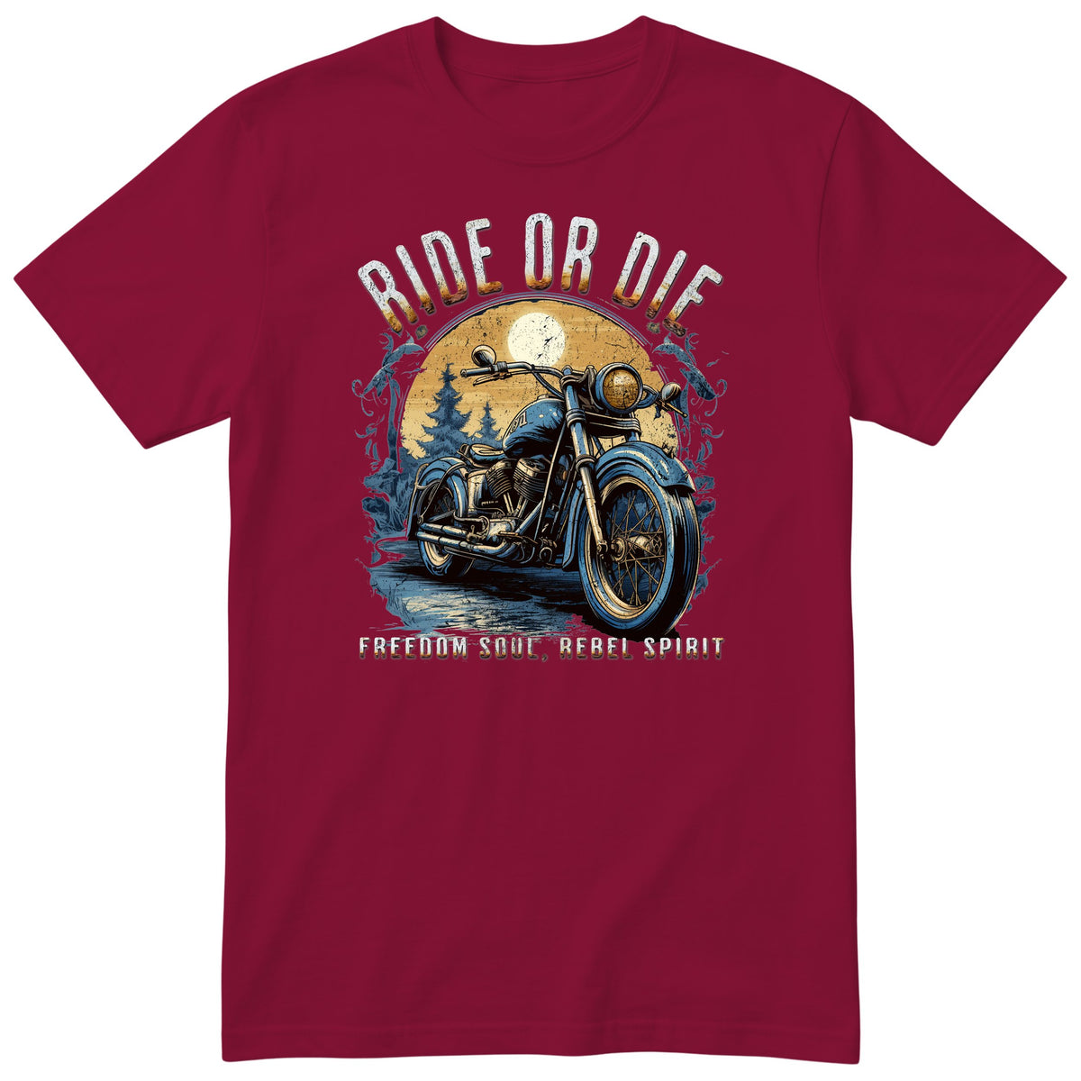 Burgundy Ride or Die motorcycle t-shirt - blue vintage motorcycle on a wet forest road under a full moon, gift for a biker