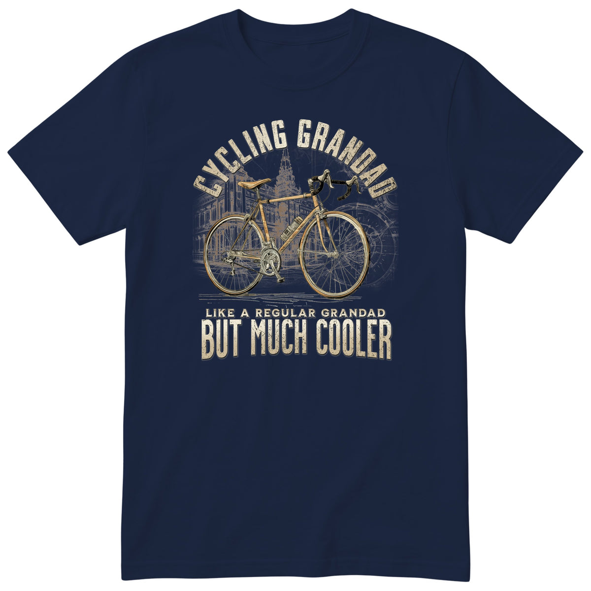 Navy Cycling Grandad T-Shirt t-shirt - vintage road bike with drop handlebars, warm sepia tones, gift for grandad