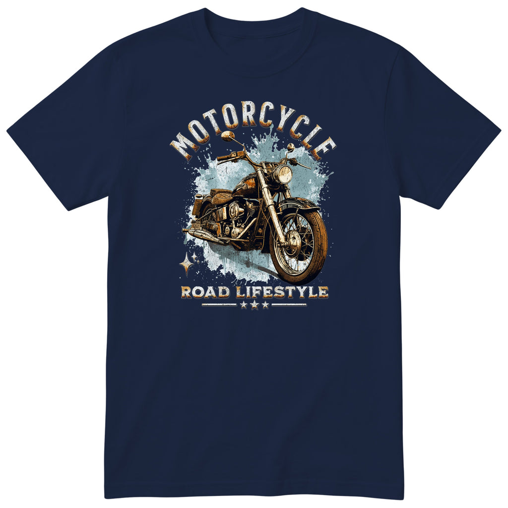 Navy Motorcycle Road Lifestyle Freedom motorcycle t-shirt - side view of a vintage motorcycle on an ice-blue splash with sparkles, gift for a biker