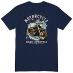 Navy Motorcycle Road Lifestyle Freedom motorcycle t-shirt - side view of a vintage motorcycle on an ice-blue splash with sparkles, gift for a biker