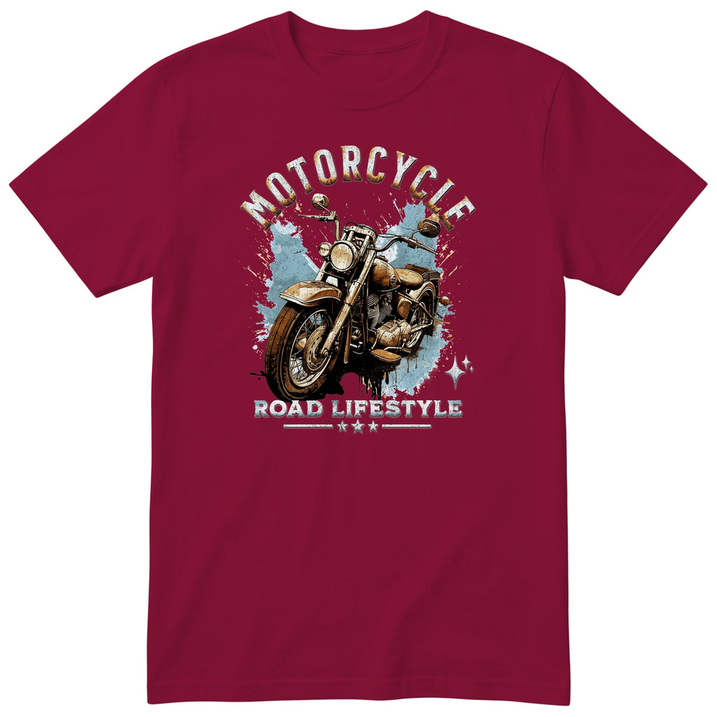 Burgundy Motorcycle Road Lifestyle Iron Horse motorcycle t-shirt - front view of a rusty brown motorcycle on a light blue paint splash, gift for a biker