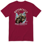 Burgundy Motorcycle Road Lifestyle Iron Horse motorcycle t-shirt - front view of a rusty brown motorcycle on a light blue paint splash, gift for a biker