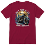 Burgundy Motorcycle Road Lifestyle Moonlight motorcycle t-shirt - blue vintage motorcycle under the moon in a dark pine forest, gift for a biker