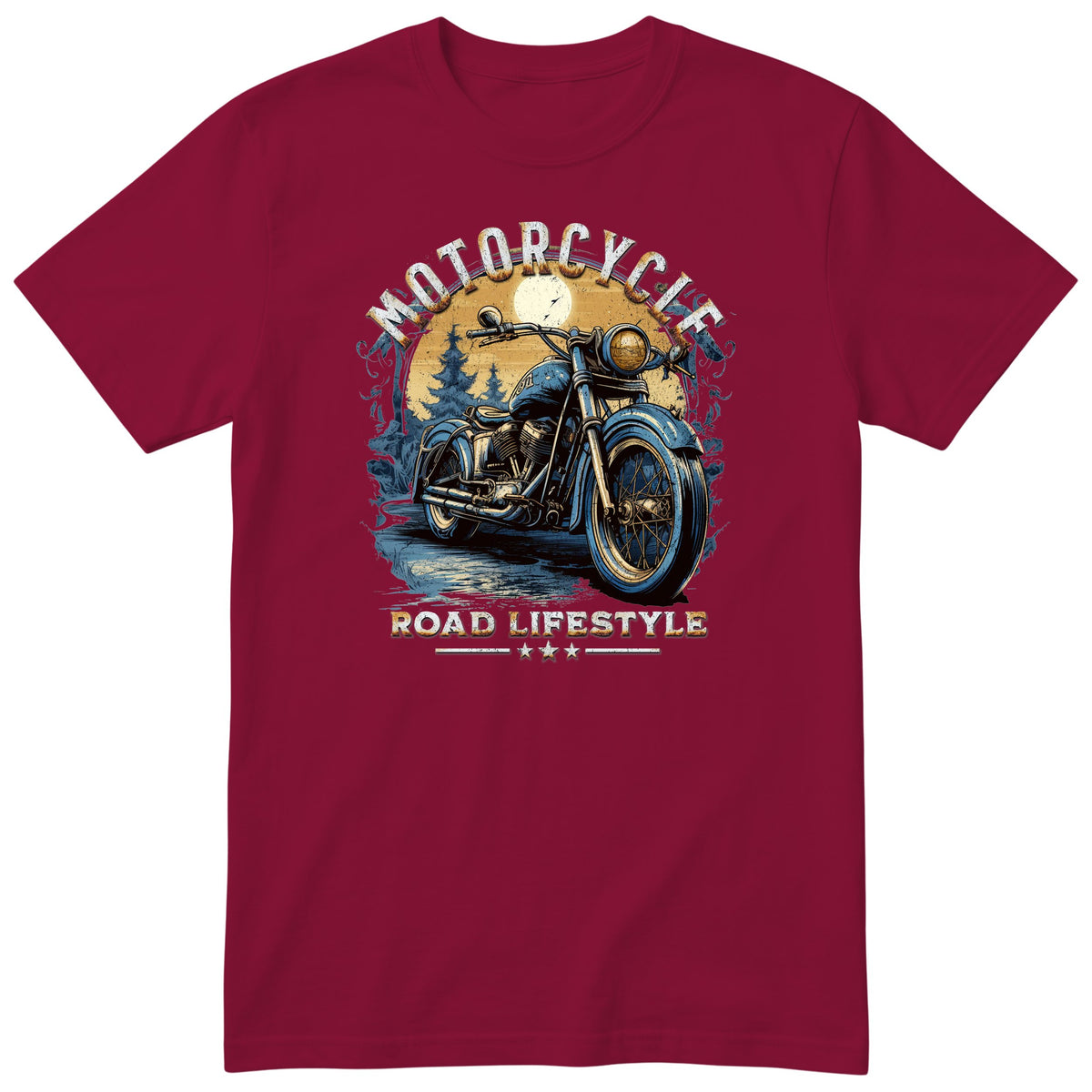 Burgundy Motorcycle Road Lifestyle Moonlight motorcycle t-shirt - blue vintage motorcycle under the moon in a dark pine forest, gift for a biker
