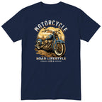 Navy Motorcycle Road Lifestyle Sunset motorcycle t-shirt - vintage motorcycle on a forest dirt road at golden sunset, gift for a biker
