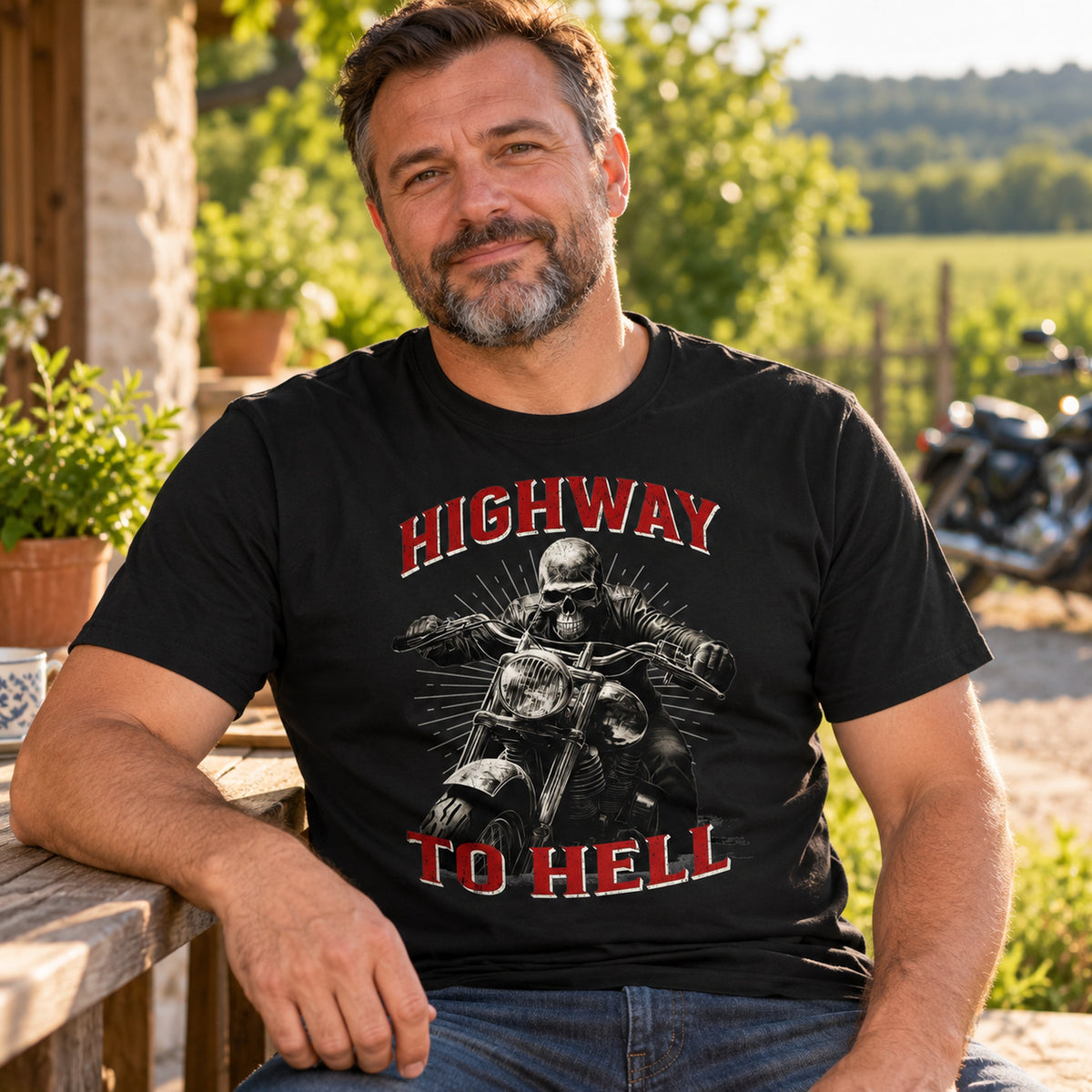 Biker in a black Highway to Hell skeleton biker (grey red) t-shirt relaxing on a terrace, motorcycle in the background
