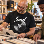 Soul Music Vinyl Records t-shirt in black - man pulling a record from the racks in a record shop, gift for soul fans