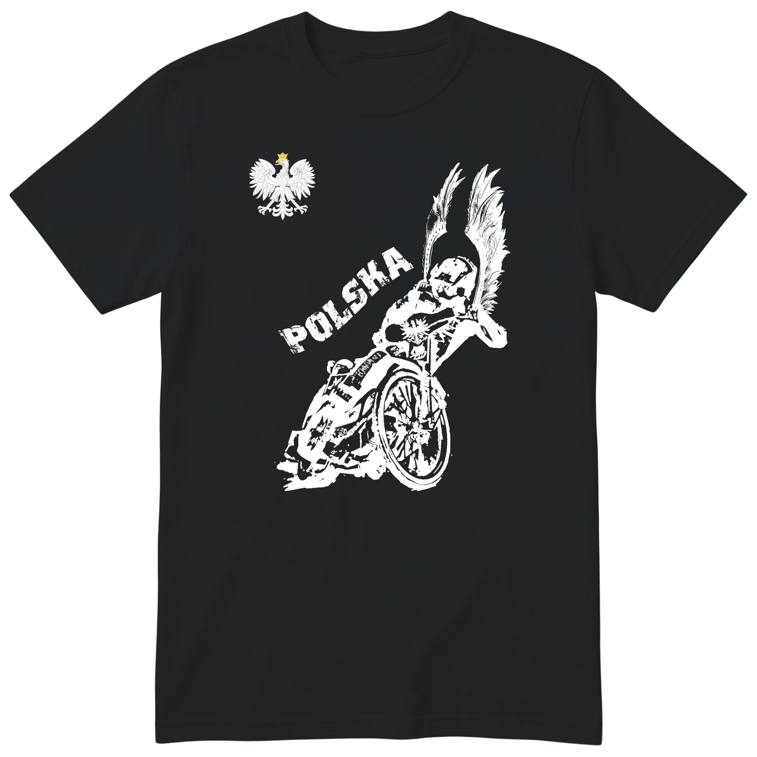 Czarna koszulka SPEEDWAY POLSKA KOSZULKA KIBICA REPREZENTACJI POLSKI - polski nadruk speedway, prezent dla fana speedway
