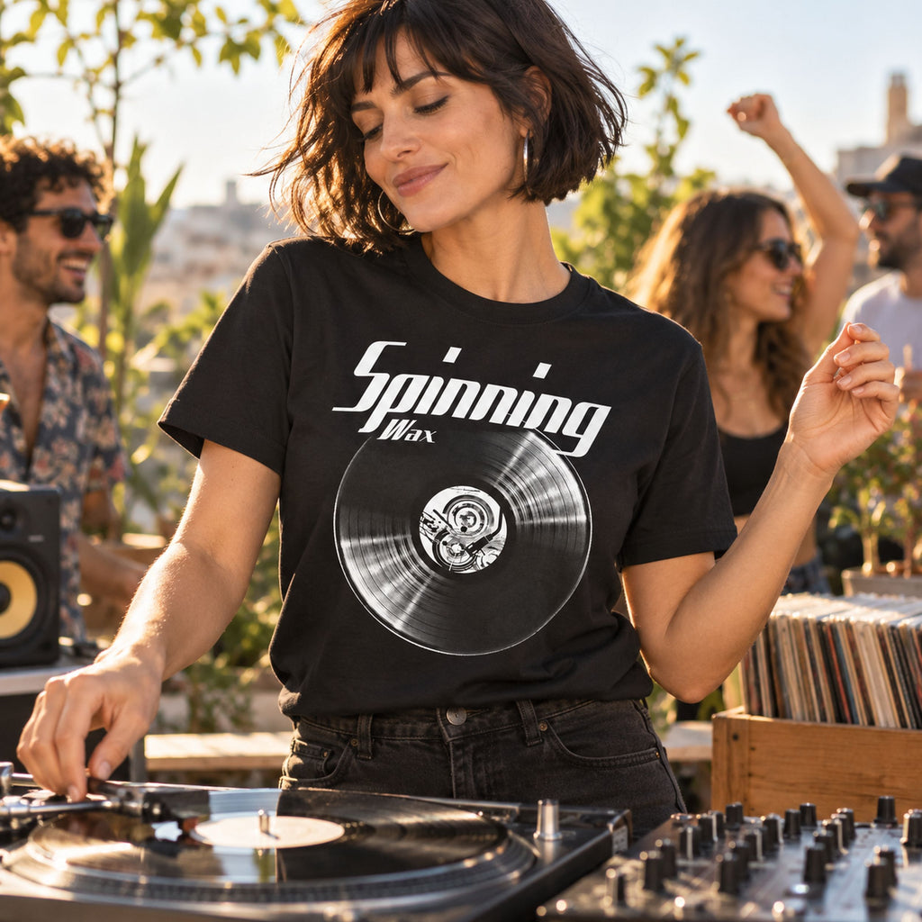 Spinning Wax Vinyl Records t-shirt in black - woman playing records at an outdoor rooftop party, gift for vinyl DJs
