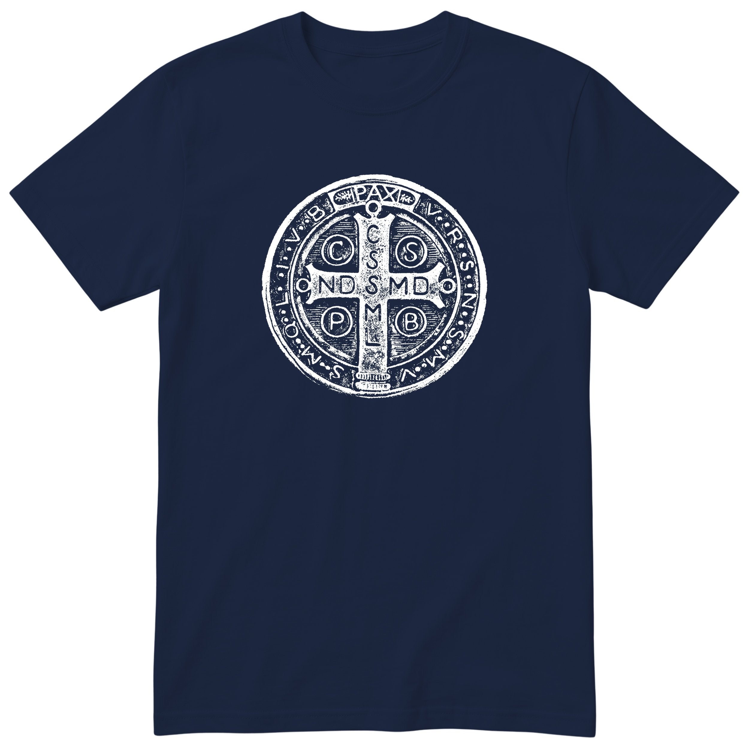 Saint Benedict Medal T-Shirt - Catholic Faith Gift - Navy