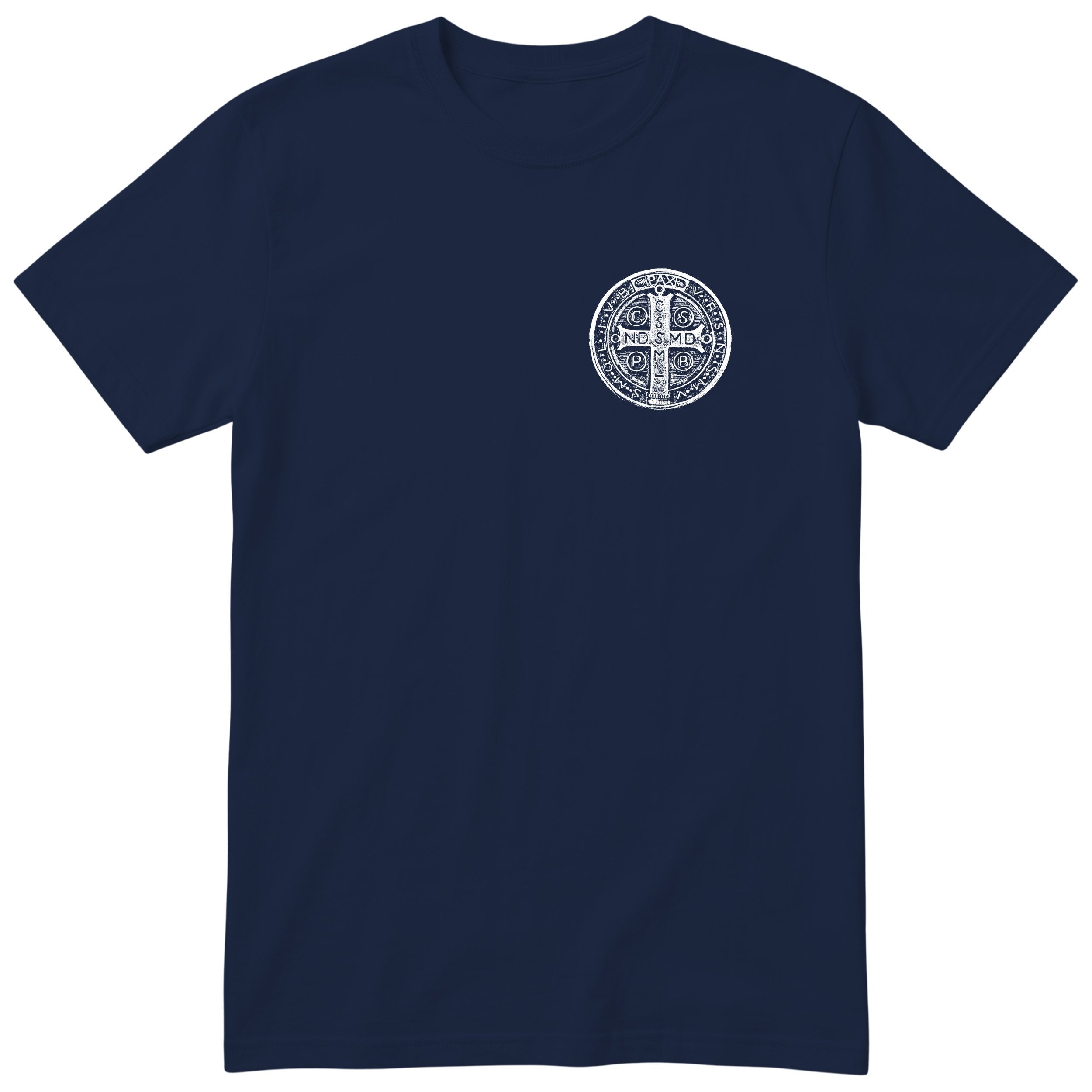 Saint Benedict Medal T-Shirt - Catholic Faith Tee Unisex - Navy
